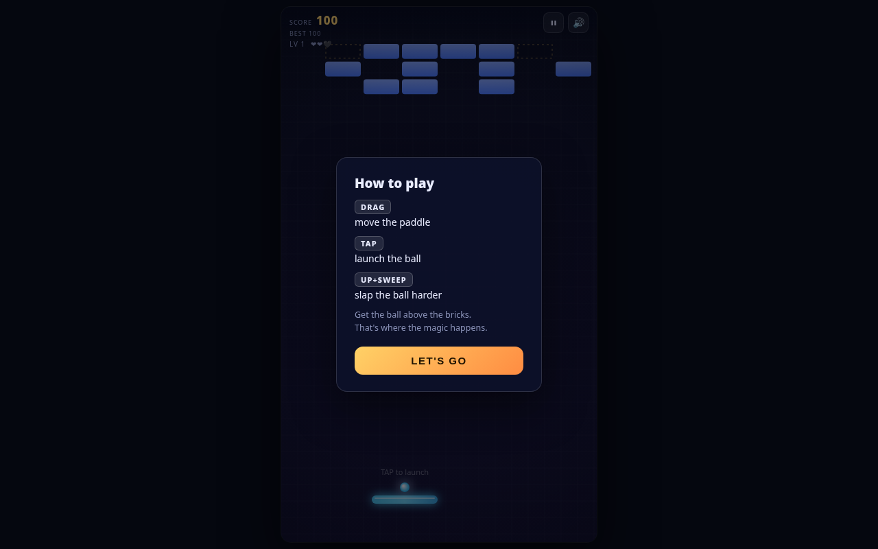 Screenshot of Above the Bricks — a modern Breakout played on a desktop browser