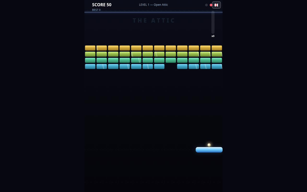 Screenshot of Attic Breakout played on a desktop browser