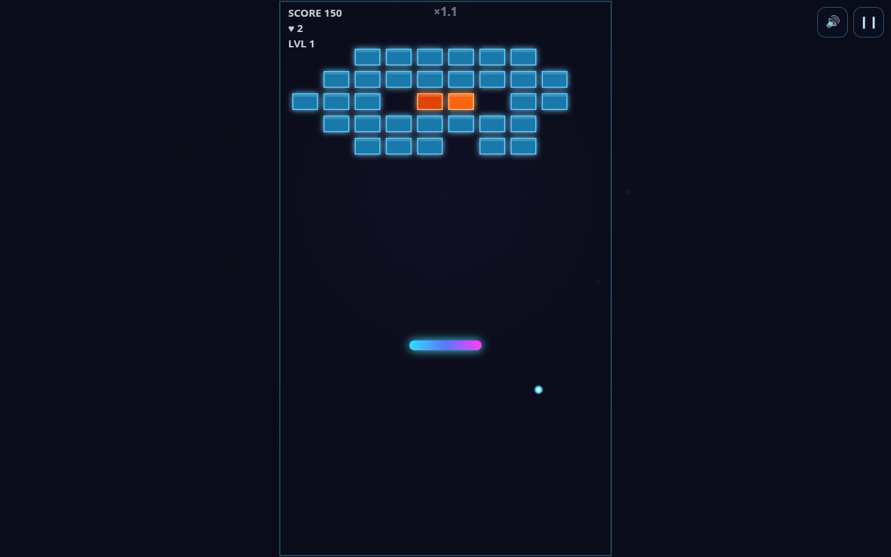 Screenshot of NEONBRICK — a modern Breakout played on a desktop browser