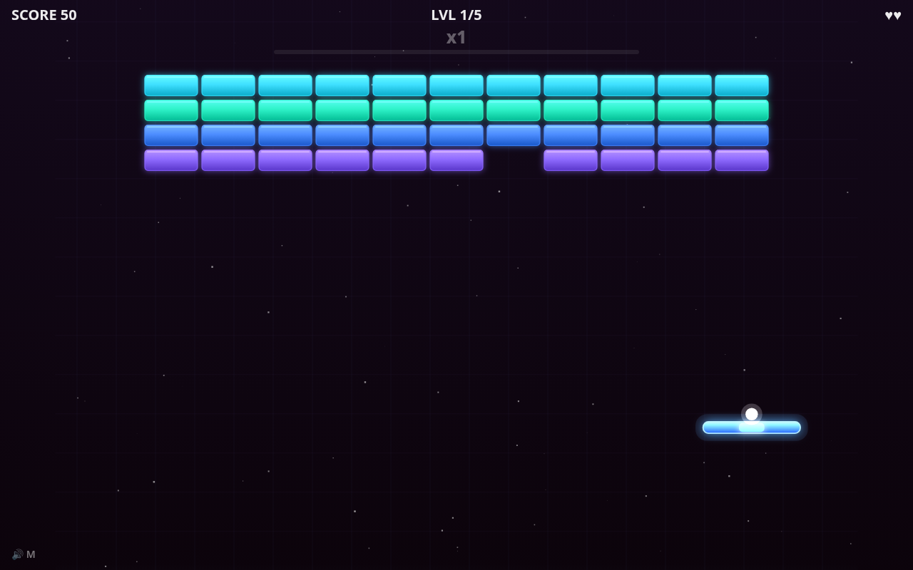 Screenshot of Neon Breakout played on a desktop browser