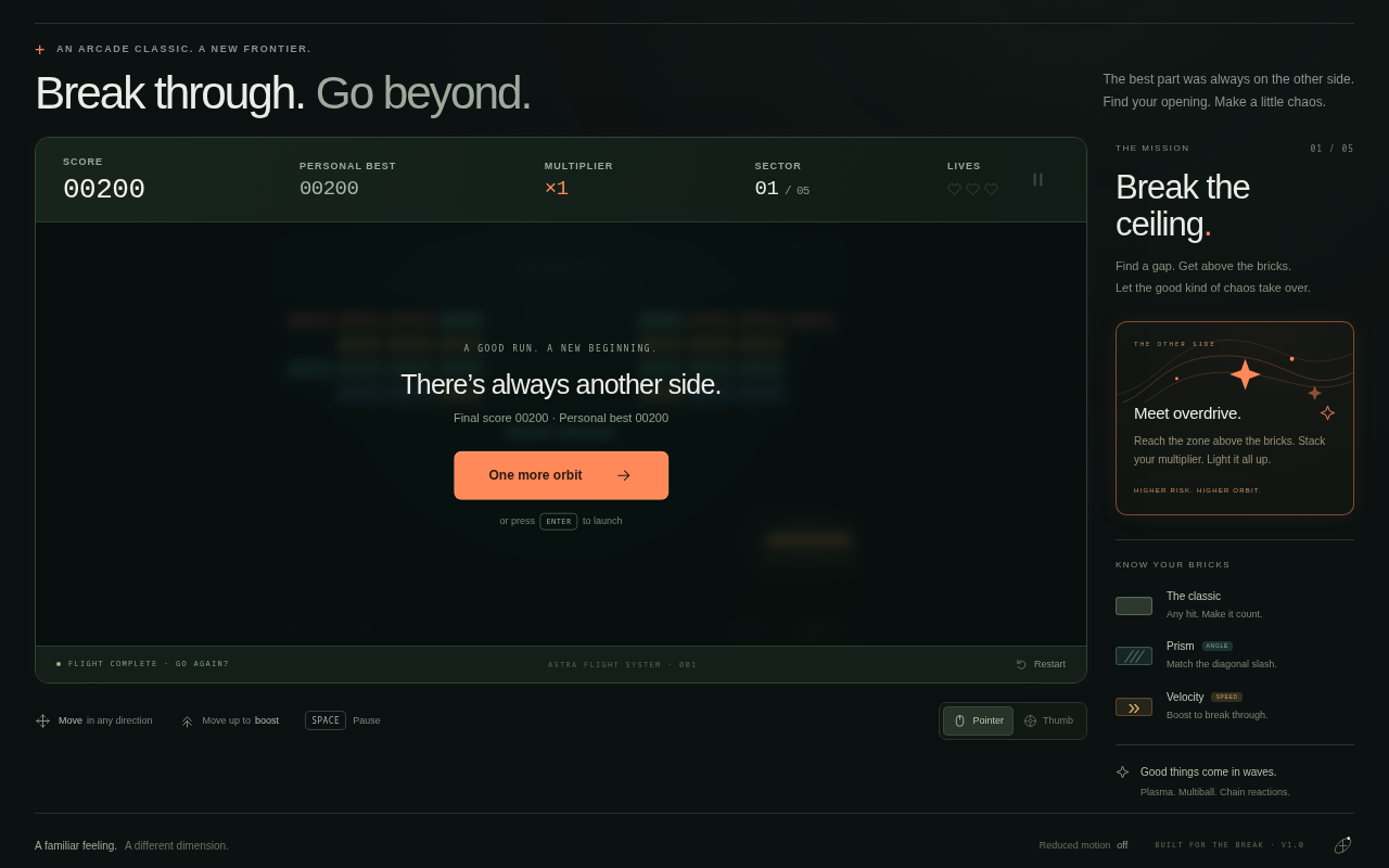 Screenshot of ASTRA — Breakout. Evolved. played on a desktop browser