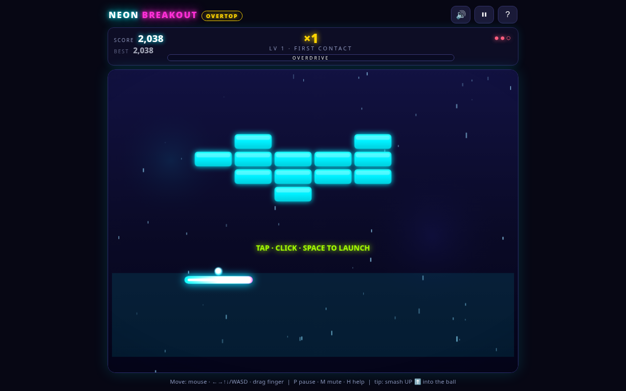 Screenshot of NEON BREAKOUT: OVERTOP played on a desktop browser