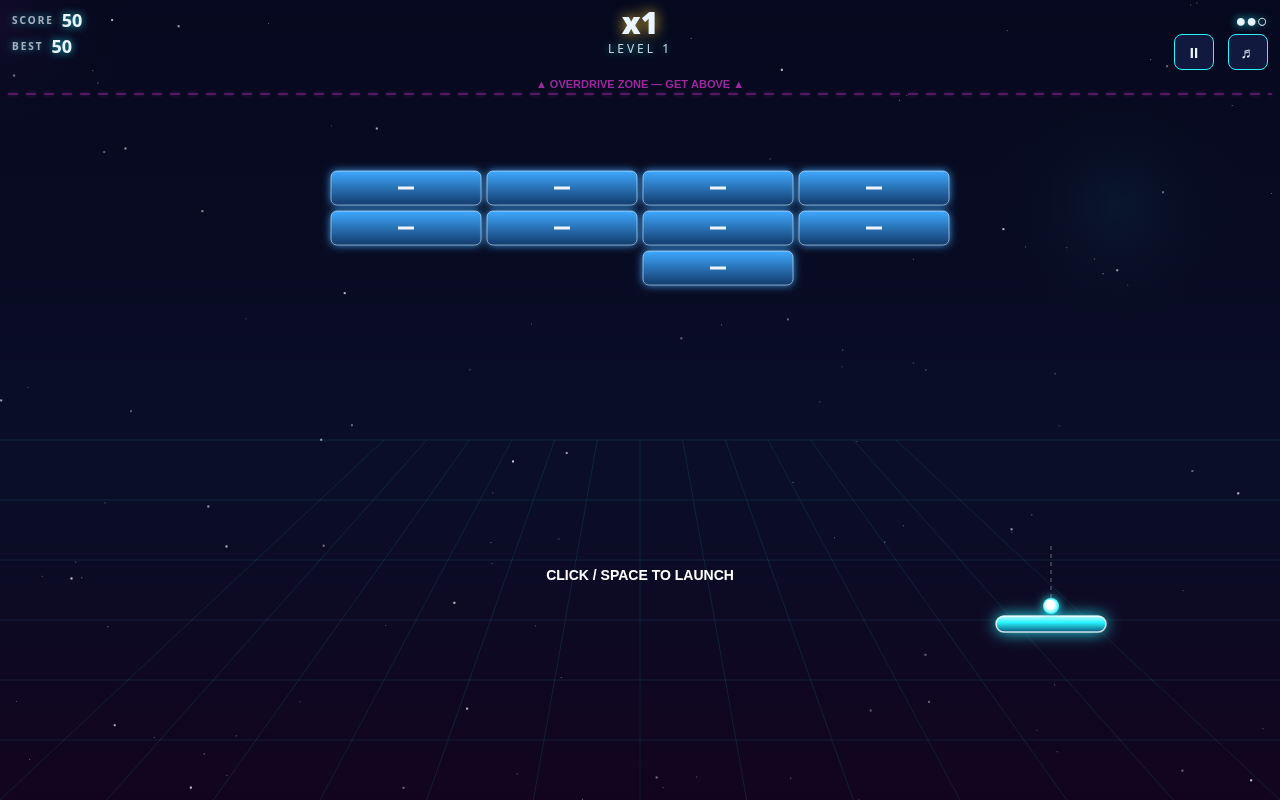 Screenshot of OVERDRIVE — Neon Breakout played on a desktop browser