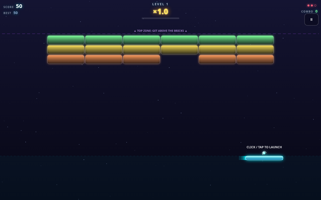 Screenshot of OVERDRIVE — Modern Breakout played on a desktop browser