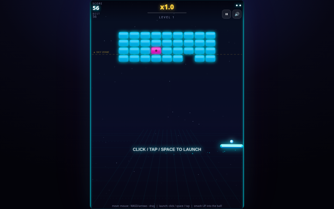 Screenshot of OVER THE TOP — Neon Breakout played on a desktop browser