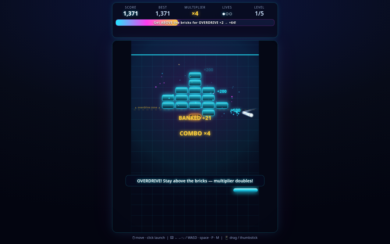 Screenshot of NEON BREACH — Modern Breakout played on a desktop browser