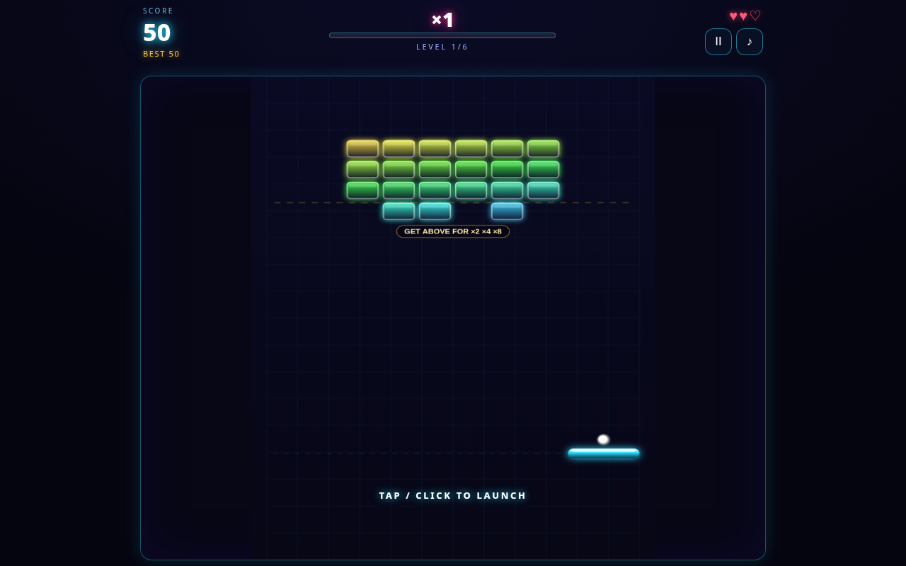 Screenshot of OVERDRIVE // Neon Breakout played on a desktop browser