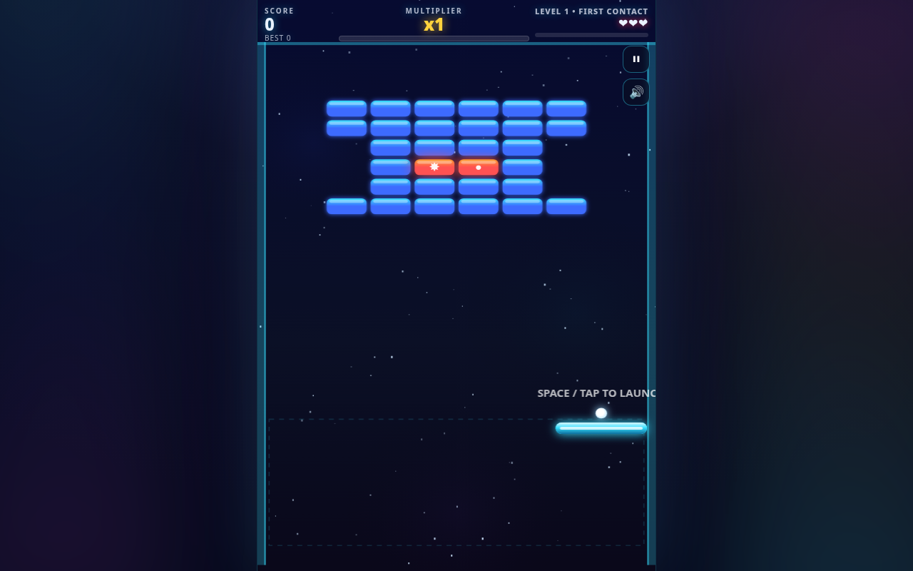 Screenshot of OVER THE TOP — Modern Breakout played on a desktop browser