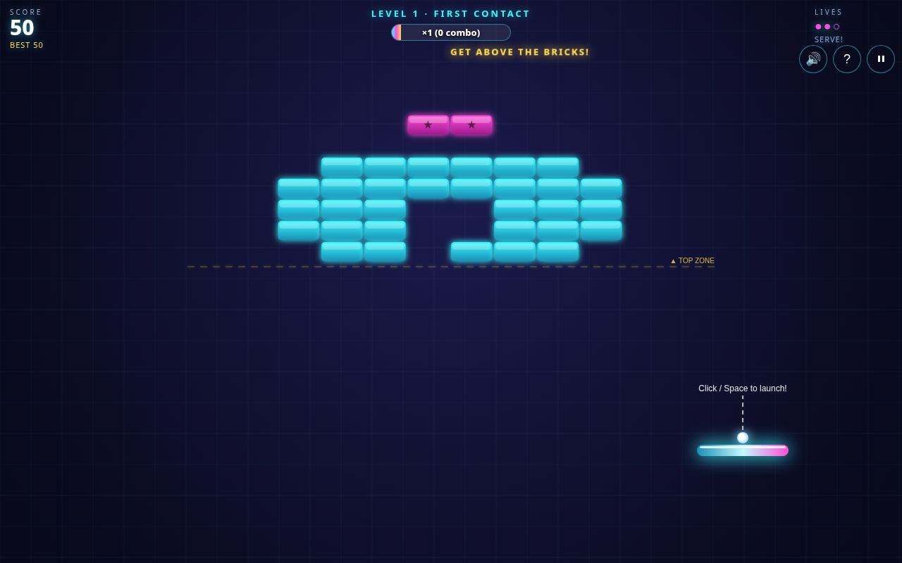 Screenshot of OVER THE TOP — Modern Breakout played on a desktop browser