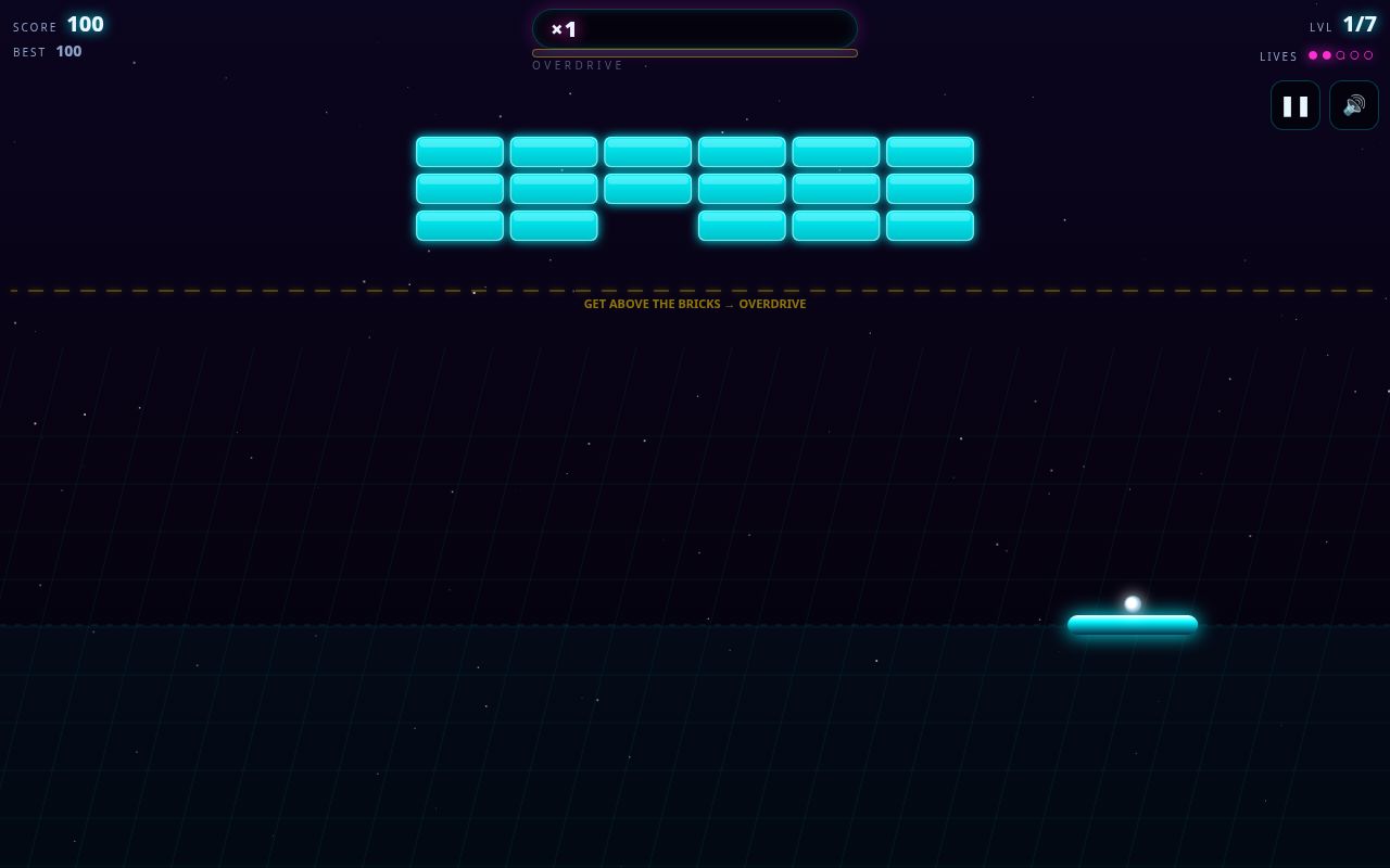 Screenshot of NEON OVERDRIVE — Modern Breakout played on a desktop browser