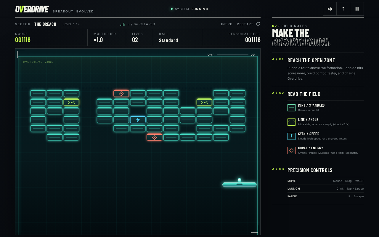 Screenshot of OVERDRIVE — Breakout, Evolved played on a desktop browser