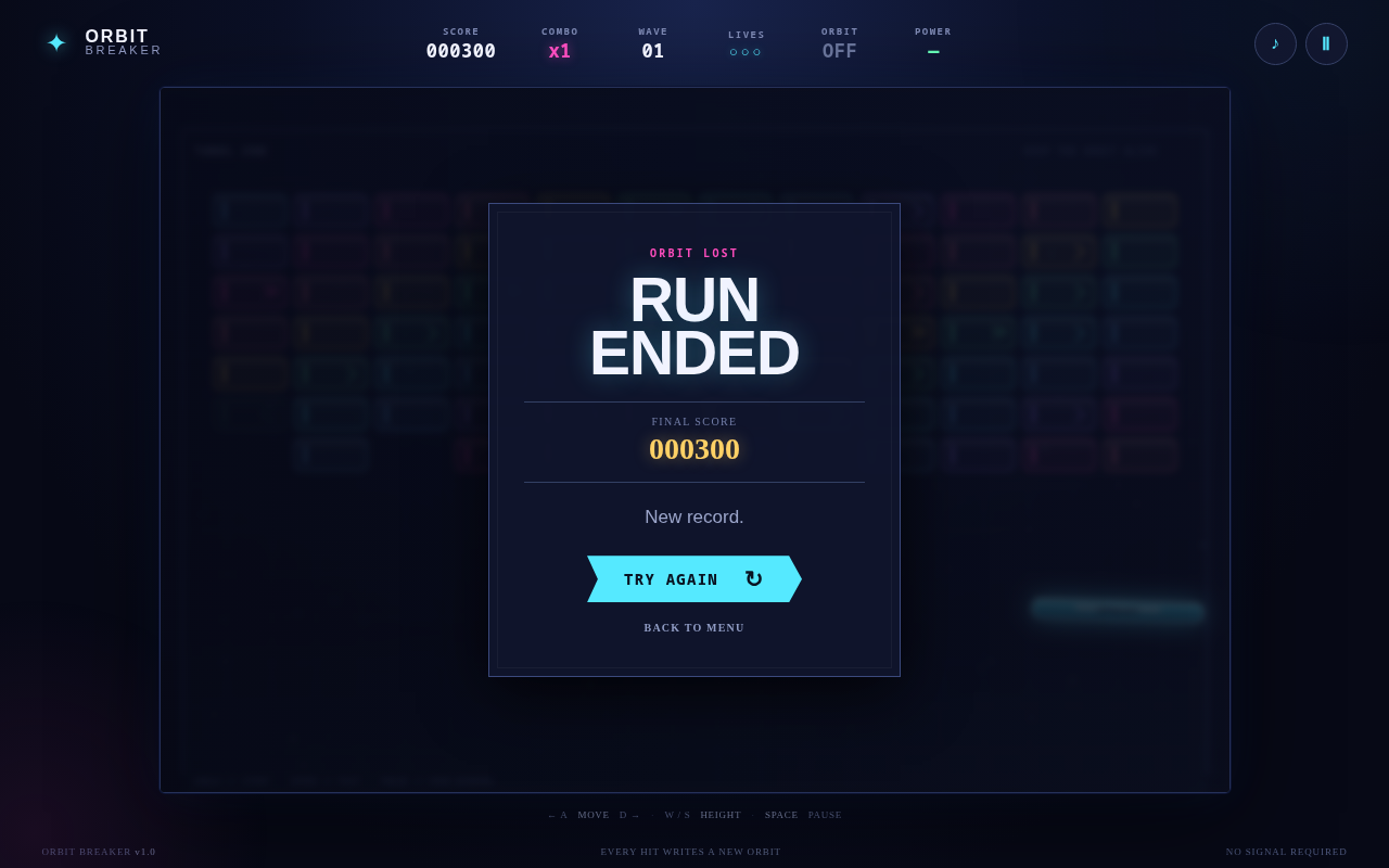 Screenshot of Orbit Breaker — Neon Arcade played on a desktop browser