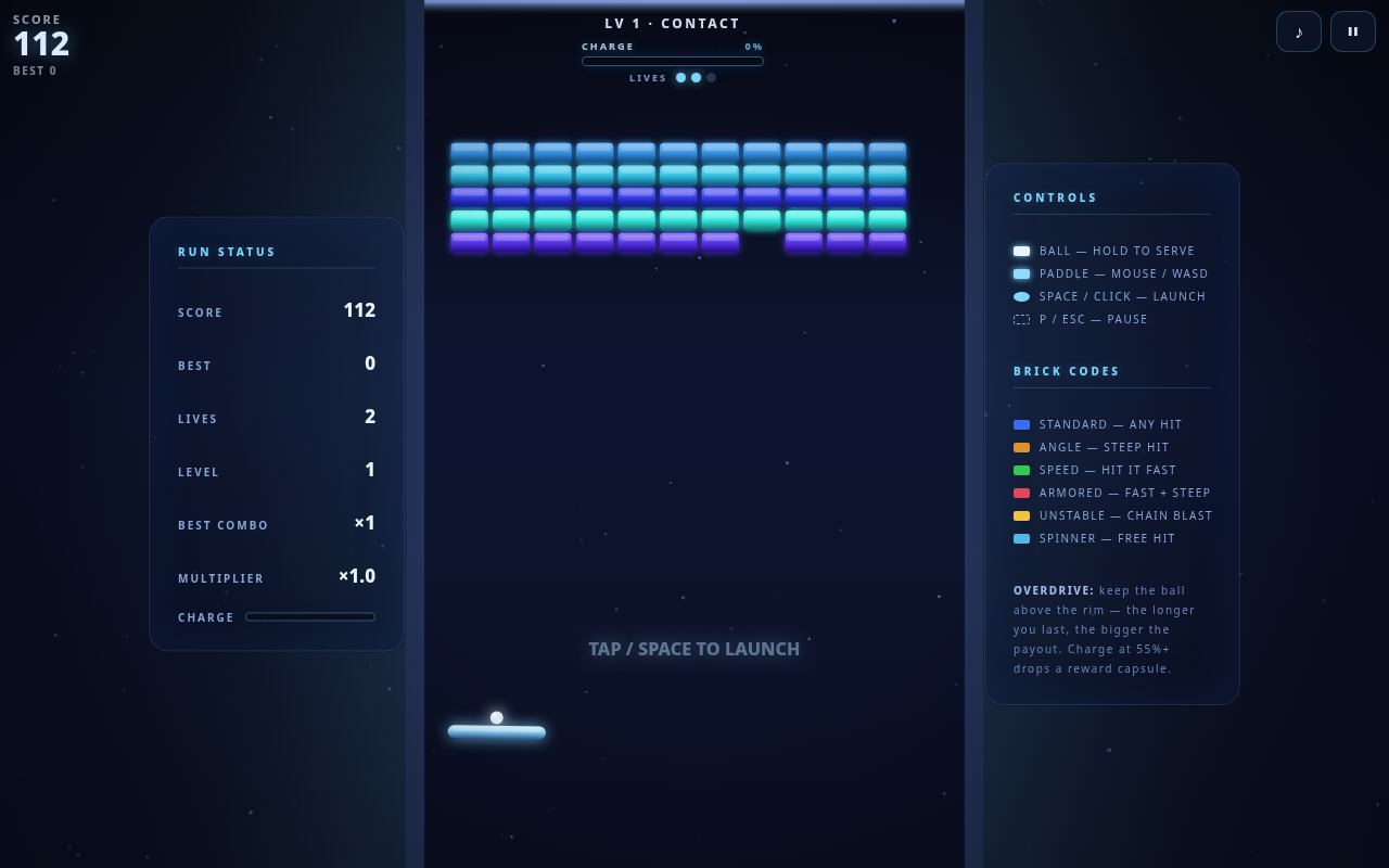 Screenshot of BREAKTOP — a modern breakout played on a desktop browser