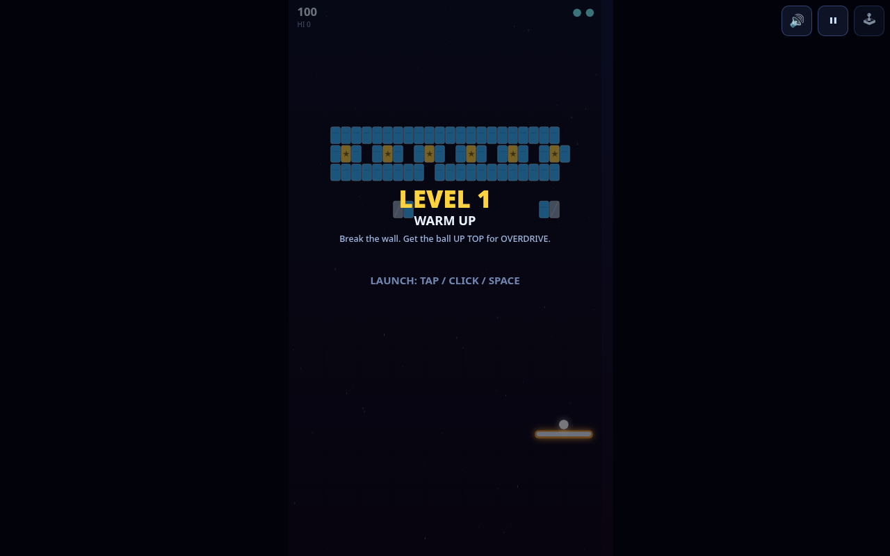 Screenshot of OVERDRIVE BREAKOUT played on a desktop browser
