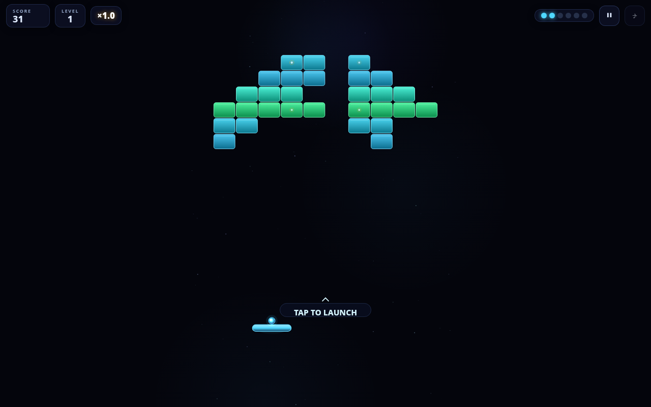 Screenshot of SKYBREAK — a modern take on Breakout played on a desktop browser