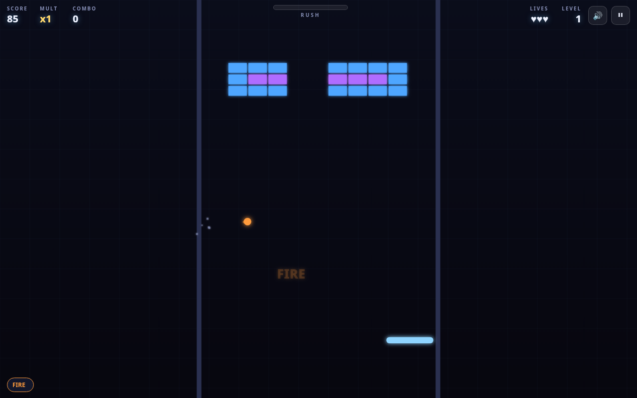 Screenshot of BREAKTHROUGH — a modern Breakout played on a desktop browser