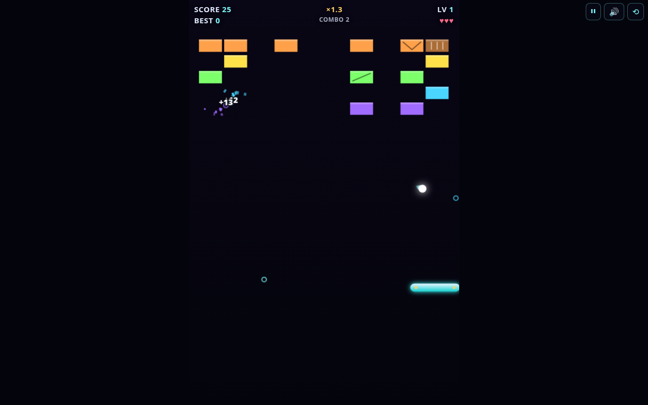 Screenshot of CHAOSBREAK — a modern breakout played on a desktop browser