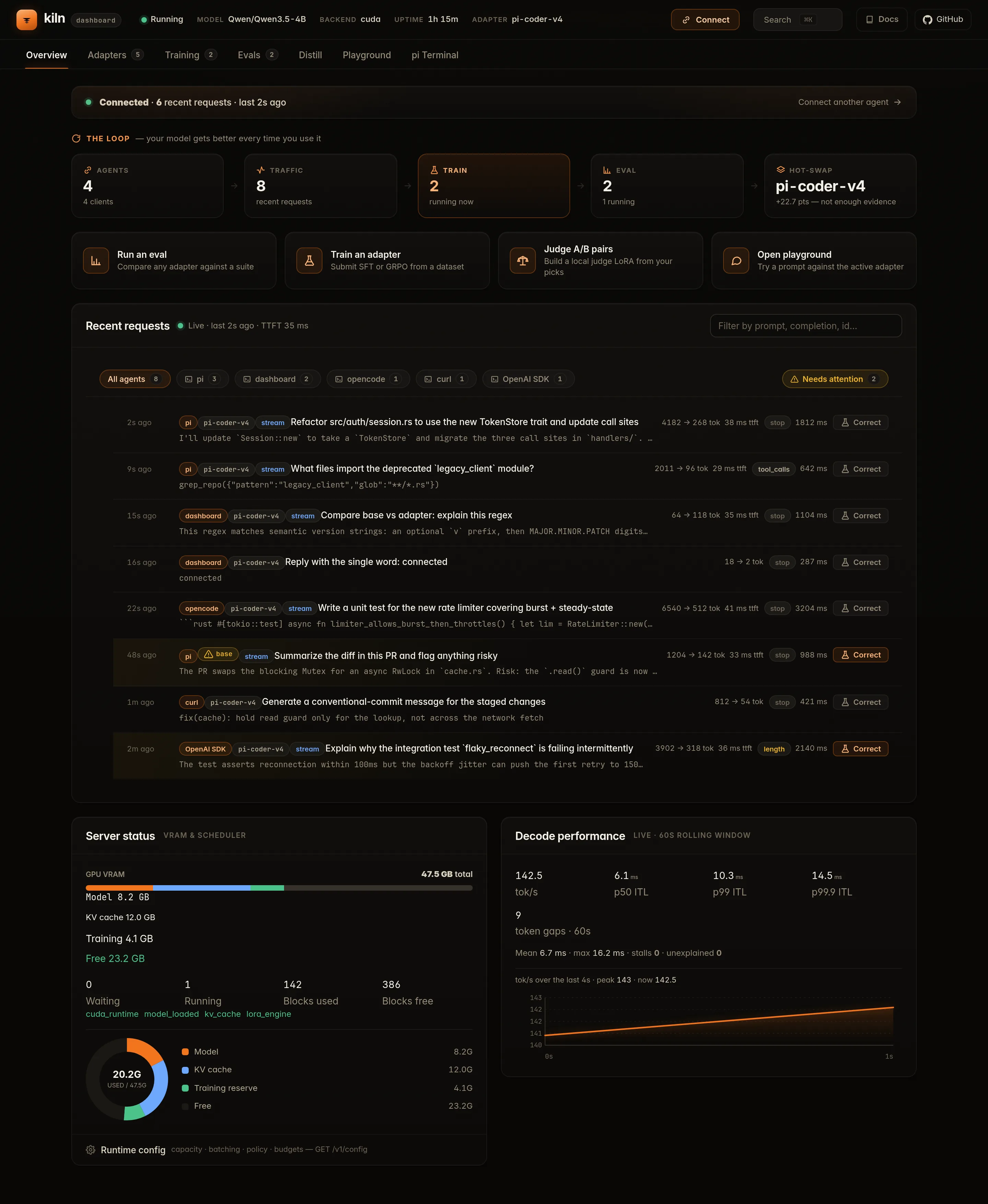 Kiln embedded server dashboard showing server status, live request activity, adapters, training, and operational controls.