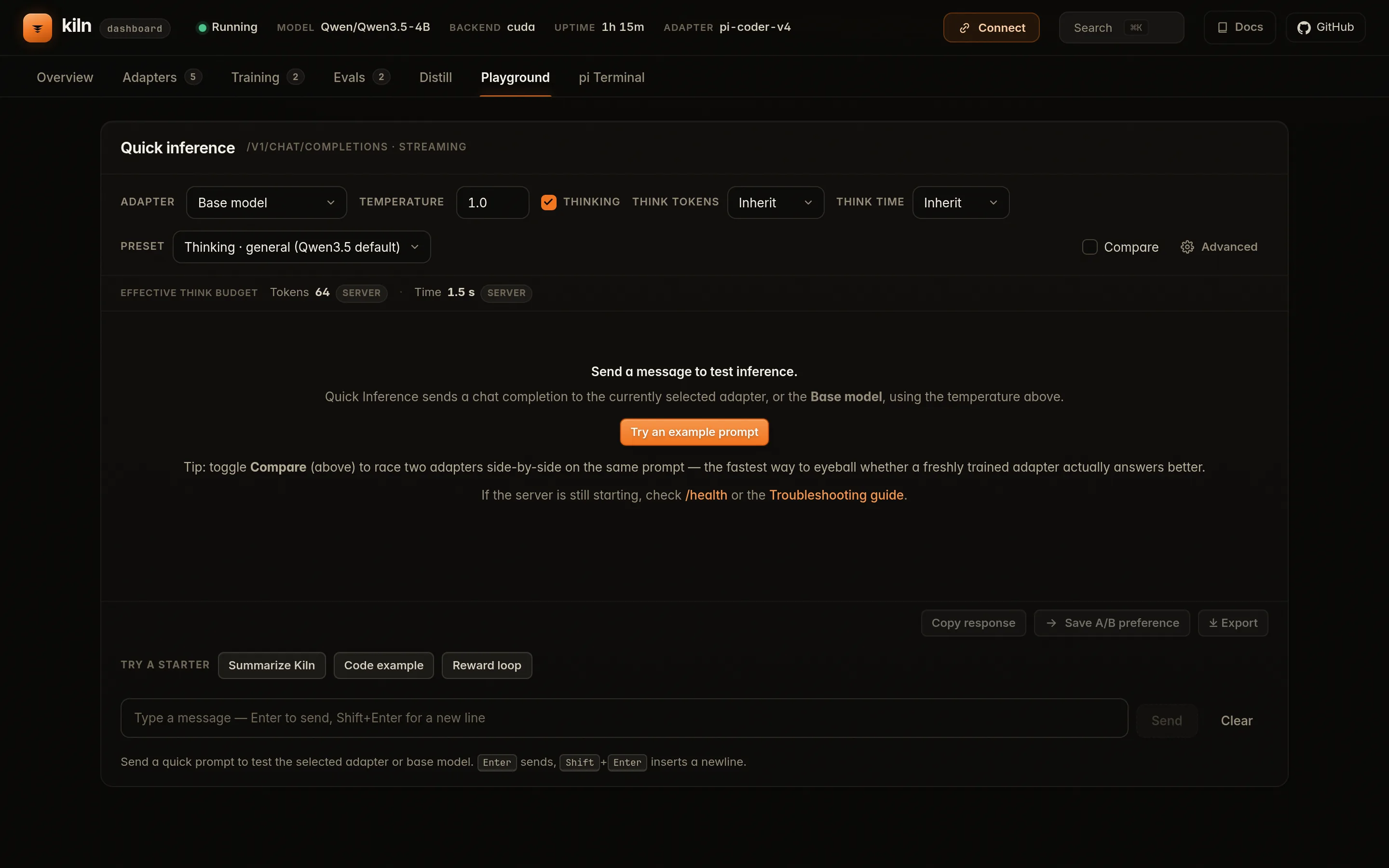 Kiln playground at source e7adfd721, with OpenAI-compatible request controls and a seeded streamed response