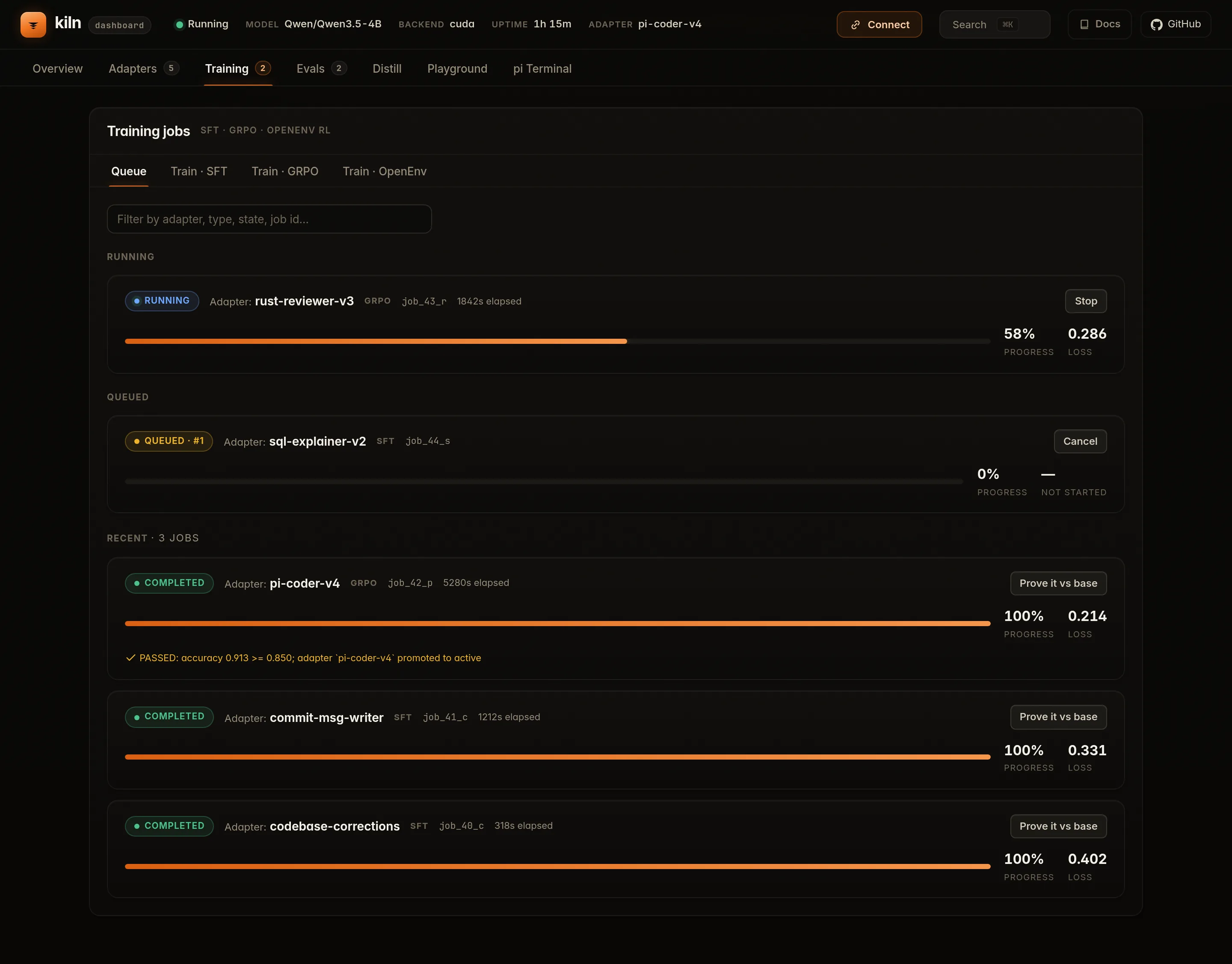 Kiln training dashboard at source e7adfd721, showing seeded jobs, datasets, progress, and loss